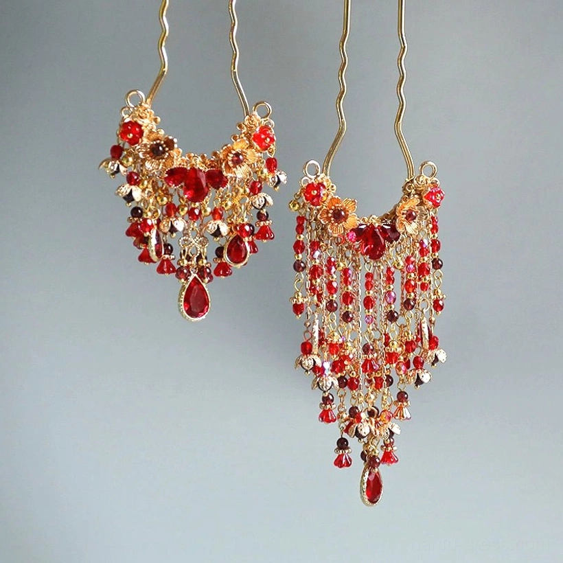 Matching red tassel Chinese hair pin set with symmetrical gold frames dense bead fringe and red teardrop pendants