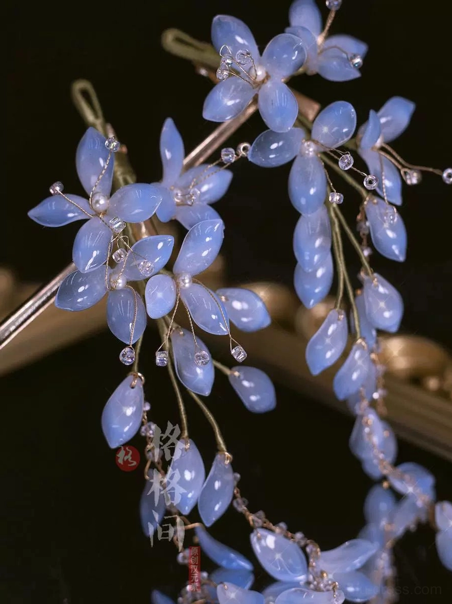 Matte light blue wisteria glass hair pins with smooth waterdrop petals glass bead tassels and tiny crystal details