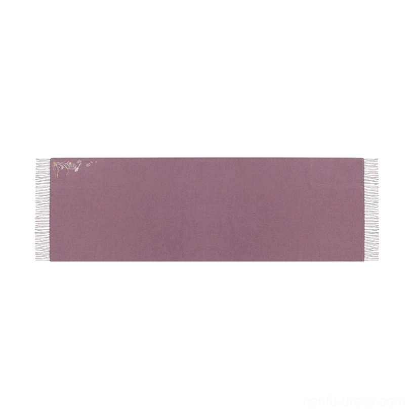Mauve purple faux cashmere scarf with floral embroidery and tassel fringe for Hanfu outfit styling