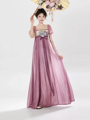 Mauve purple modern Hanfu Regency embroidered puff sleeve maxi dress shown from the front on a model holding a floral Chinese oil paper umbrella