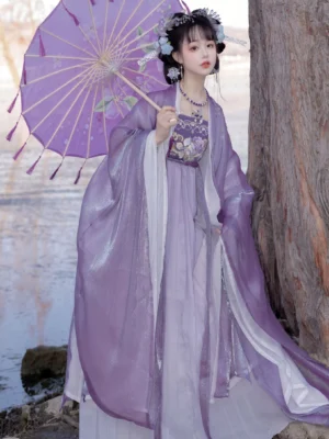 Mauve Tang Dynasty style Hanfu Heziqun complete set full standing view with wide sleeve outer coat and purple oil paper umbrella