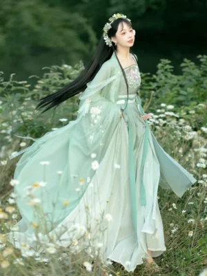 Cyan gradient Tang Dynasty qiyao ruqun Hanfu set with floral embroidered camisole and wide flowing sleeves in a wildflower woodland