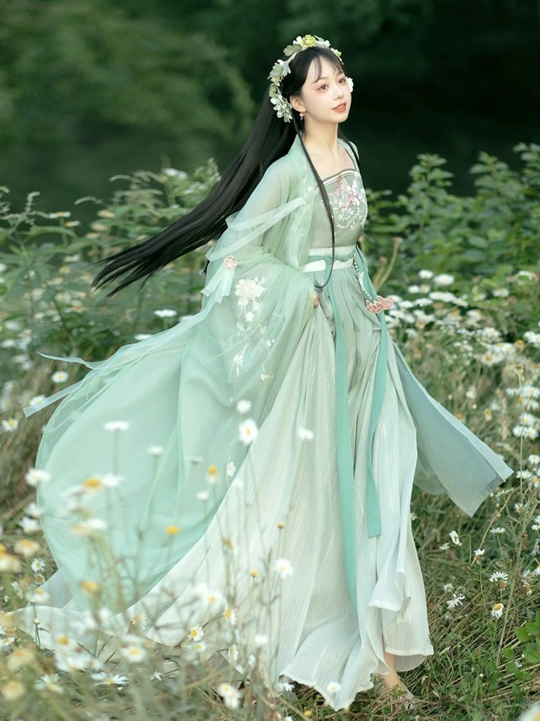 Cyan gradient Tang Dynasty qiyao ruqun Hanfu set with floral embroidered camisole and wide flowing sleeves in a wildflower woodland