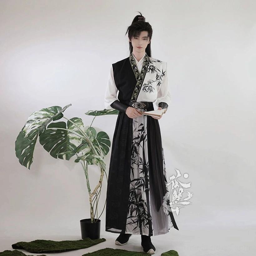 Front view of a men's bamboo print Hanfu core set with vest, cross-collar inner top, wrap skirt, and traditional styling