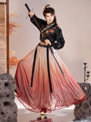 Black men’s Xianxia hanfu set with maple embroidery, pink and red gradient robe panels, waist ribbons, and Chinese Wuxia swordsman styling