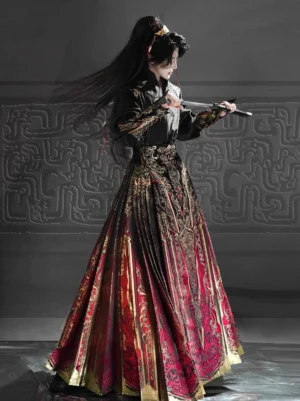 Full-body side view of a black and red warrior hanfu outfit featuring a long-sleeve cross-collar top, gold embroidered details, pleated red mamian skirt, and traditional sword