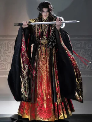 Men's black red and gold Xianxia hanfu set with fur cloak, embroidered robe, wide sleeves, and Chinese sword front full body view