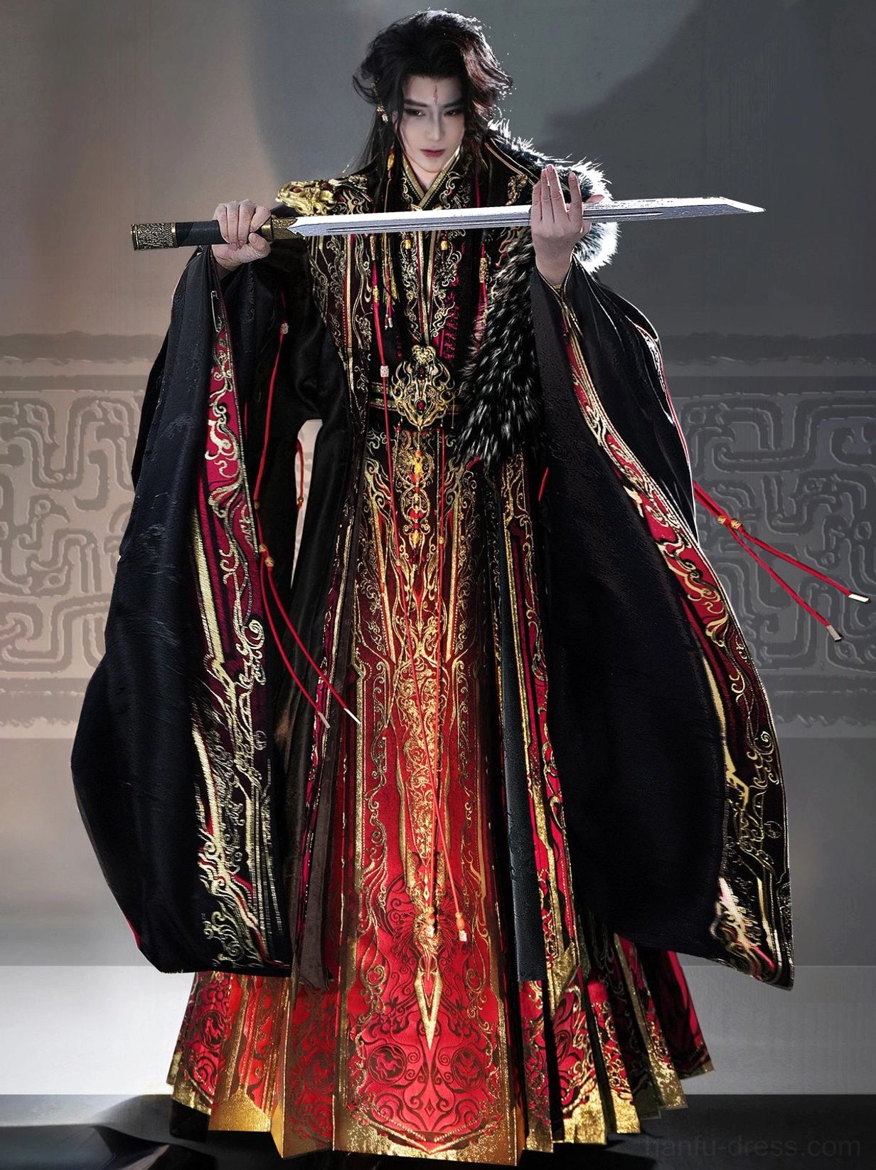 Men's black red and gold Xianxia hanfu set with fur cloak, embroidered robe, wide sleeves, and Chinese sword front full body view