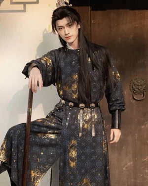 Black men’s Tang Dynasty cloud motif Hanfu round-collar robe shown in a three-quarter front view with gold cloud pattern