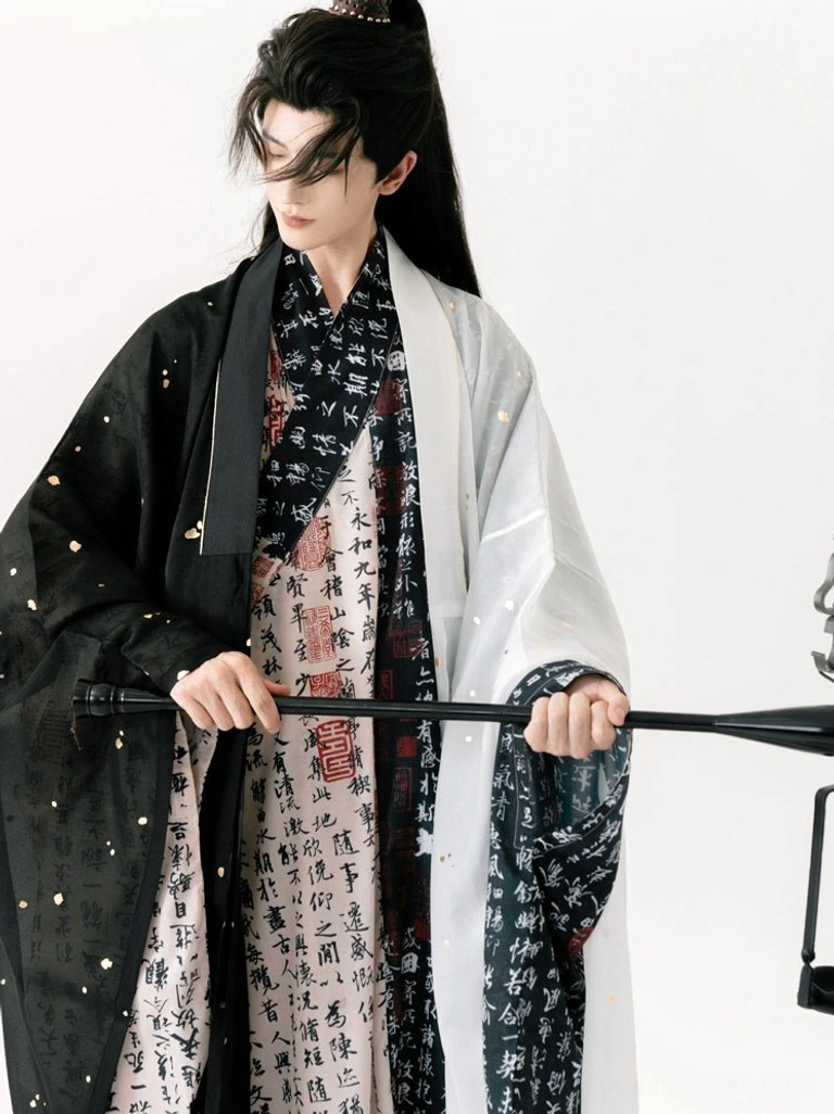 Men's split-tone black and white hanfu outer coat with Chinese calligraphy pattern and gold foil effect accents, front view