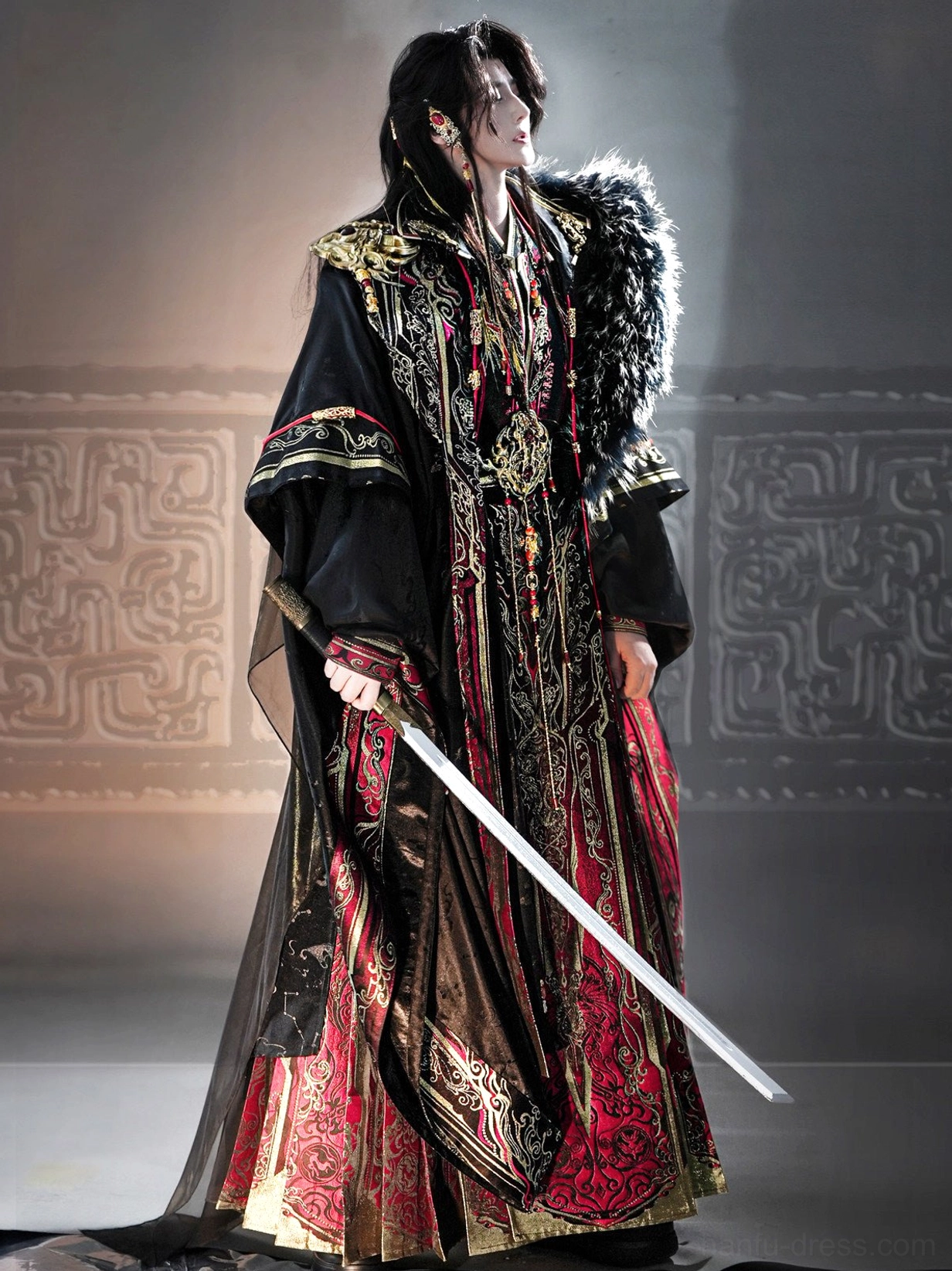 Full men's Chinese fantasy hanfu set with sheer black cape, floor length red embroidered robe, gold details, and sword styling side view