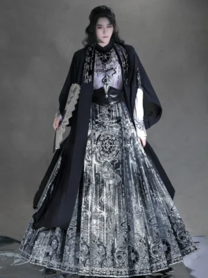 Men’s Neo-Chinese hanfu outfit with flowing black sheer outer layer and celestial-patterned mamian skirt back view