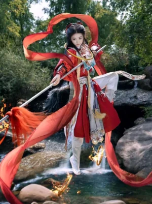 Men's Nezha Hanfu costume in red white and gold posing above a woodland stream with flowing ribbons and Chinese mythology cosplay styling