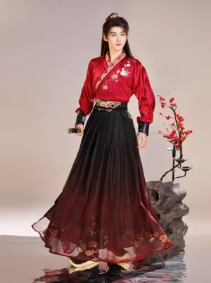 Red men’s Xianxia hanfu fantasy costume with floral embroidery, black to red gradient flowing robe, waist seal, and traditional Chinese drama styling