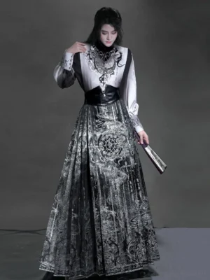 Men’s Tai Chi modern hanfu set in black and white with silver celestial mamian skirt, full front view