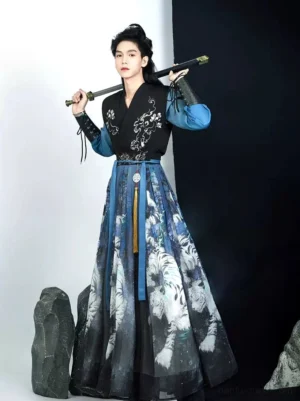 Three-quarter front view of a men's White Tiger wuxia Hanfu set with black embroidered vest, flowing blue sleeves, tiger print wrap skirt, waist sash, and yellow tassel pendant