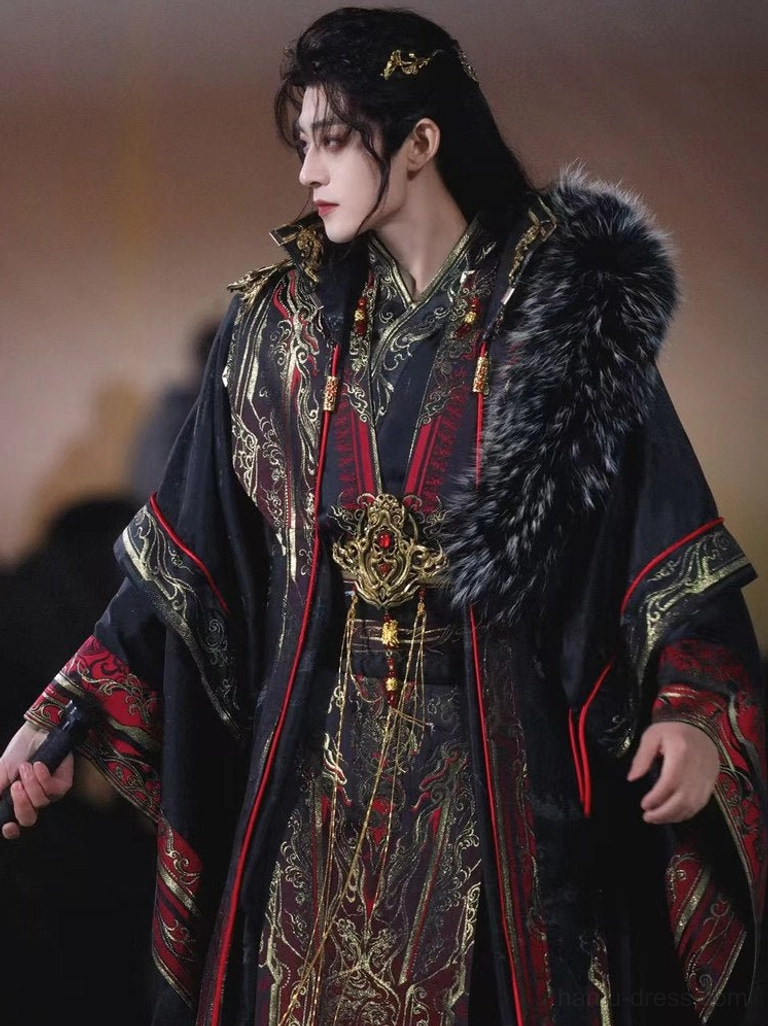 Side profile of men's Xianxia hanfu costume with black fur shoulder collar, red cuff trim, gold waist seal, and fantasy general styling