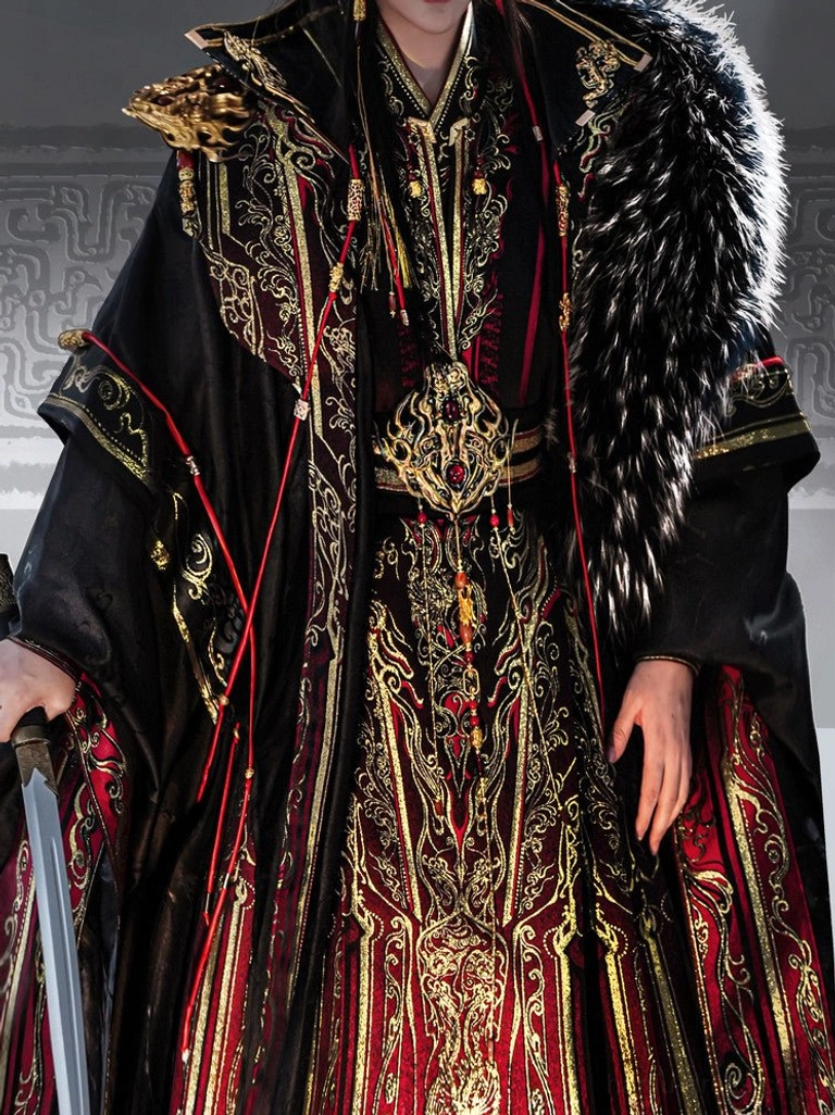 Close-up of men's Xianxia hanfu gold filigree embroidery, ornate shoulder armor detail, fur trim, chest ornament, and waist accessory