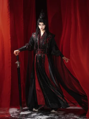 Men’s Xianxia hanfu set shown in a full-body front view with a black robe, red embroidered trim, flowing sash, and Chinese straight sword