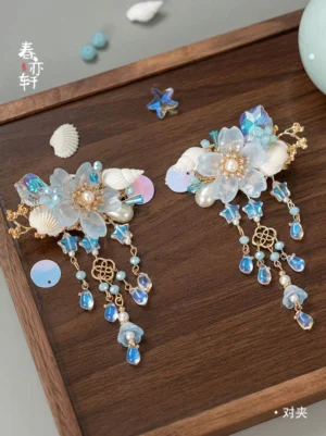 Pair of mermaid ocean hanfu hair clips with translucent flower petals shell pendants blue crystal tassels and gold frames