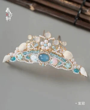 Mermaid ocean hanfu hair crown with blue opal stones pearl beads shell details and gold-tone crystal ornaments