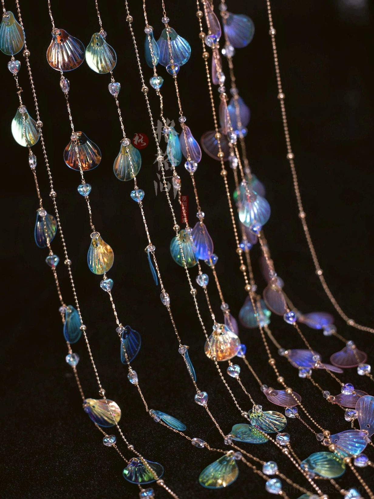 Collection of mermaid shell tassel Hanfu hair accessories with long golden chains mixed iridescent shell charms and small decorative beads