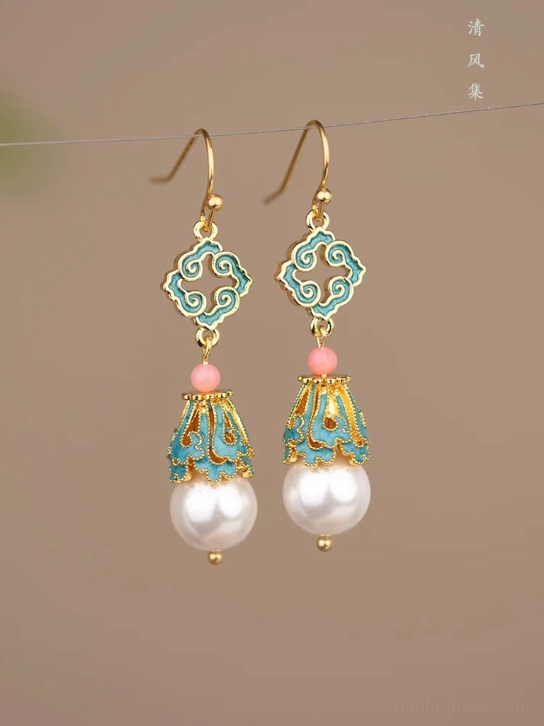 Front close-up of Chinese retro cloud motif cloisonne style pearl drop earrings with blue and pink enamel details for Hanfu
