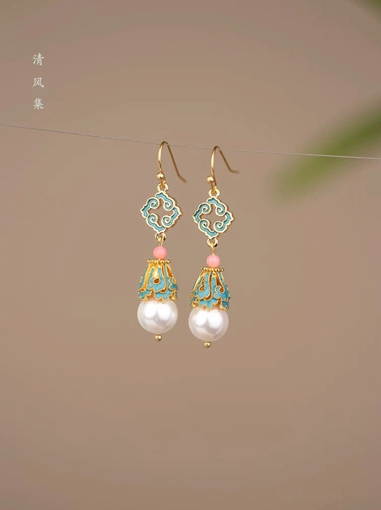 Pair of traditional Chinese Hanfu earrings with gold toned cloud ornaments colorful enamel accents and white pearl drops