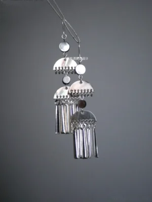 Miao-inspired half-moon mother-of-pearl tassel Chinese earrings in silver tone with round bead connectors and long dangling bar charms