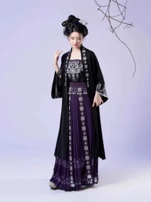 Full front view of a Miao-inspired Hanfu outfit with black half-sleeve robe, deep purple skirt, silver embroidery, and tassel details