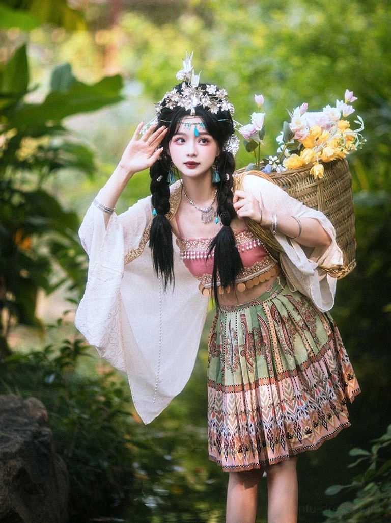 Front full body view of a Miao inspired modern Hanfu outfit with pink camisole embroidered pleated skirt wide sleeve ivory coat and traditional silver hair accessories