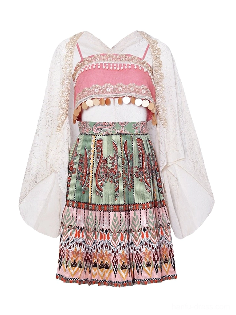 Flat lay display of a three piece Miao inspired modern Hanfu set with pink camisole ivory chiffon outerwear and ethnic patterned pleated skirt