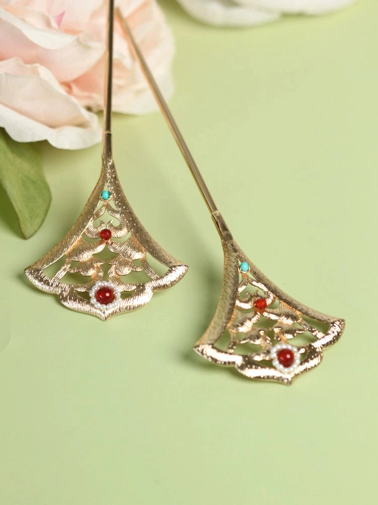 Pair of matching Miaoling ginkgo leaf Hanfu hair pins with hollow gold-toned floral carving, red gemstone accents, turquoise beads, and pearl decorations