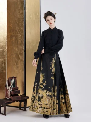 Black gold Midnight Dragon hanfu outfit with pleated mamianqun horse face skirt and elegant Ming Dynasty inspired styling