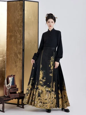 Midnight Dragon Ming Dynasty inspired black and gold hanfu set with stand collar top and mamianqun horse face skirt front view