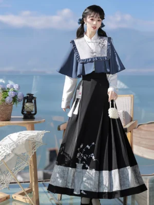 Midnight scholarly Ming-inspired Hanfu shawl and embroidered black mamianqun horse face skirt set front three-quarter view