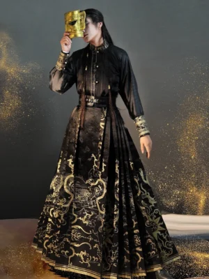 Front full-body view of a male model wearing the Midnight Sun modern black Hanfu outfit with a gold dragon embroidered mamianqun horse-face skirt and black boots