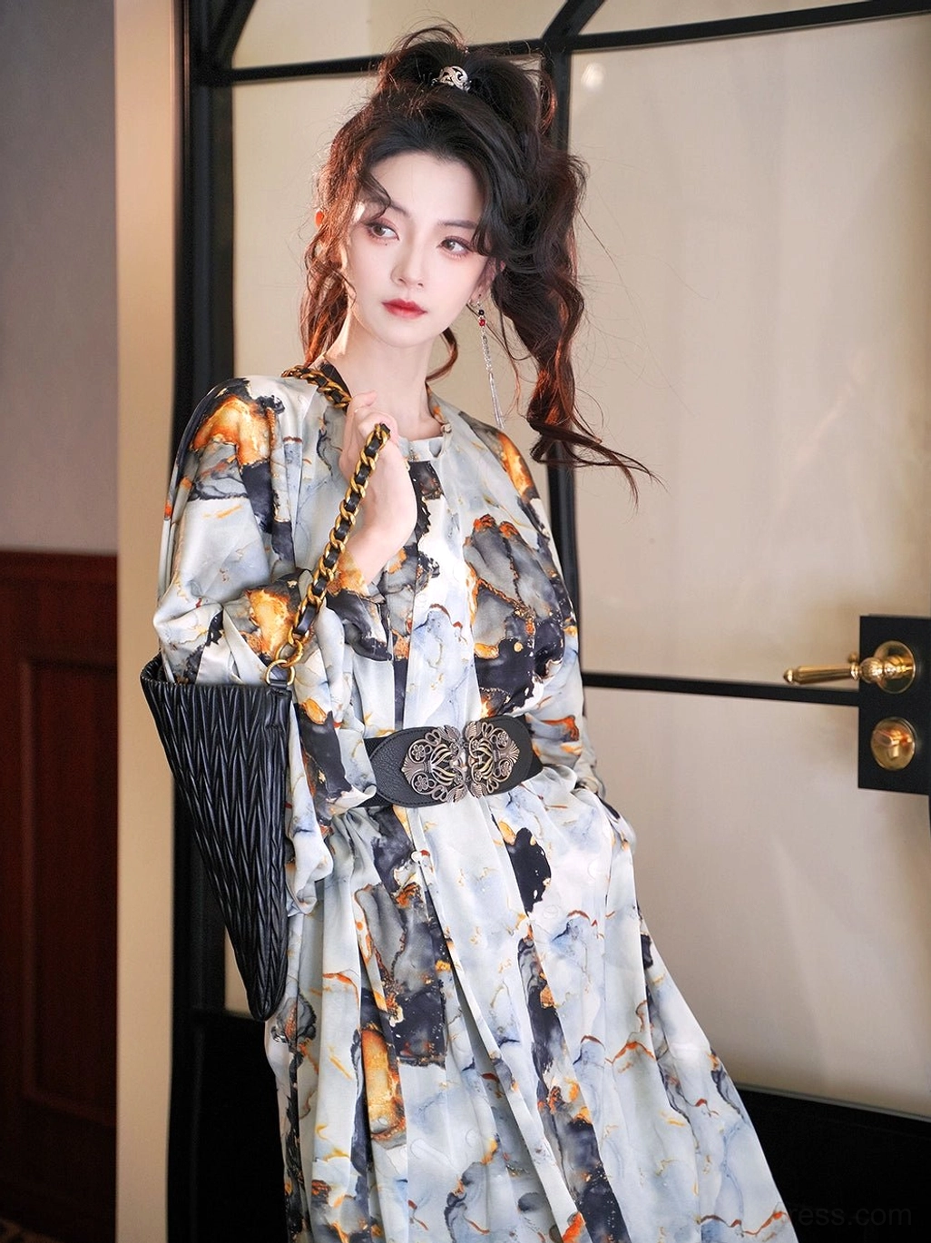 Midsummer ink-wash Tang style Hanfu robe styled in a three-quarter front view, highlighting the artistic print and flowing long sleeves