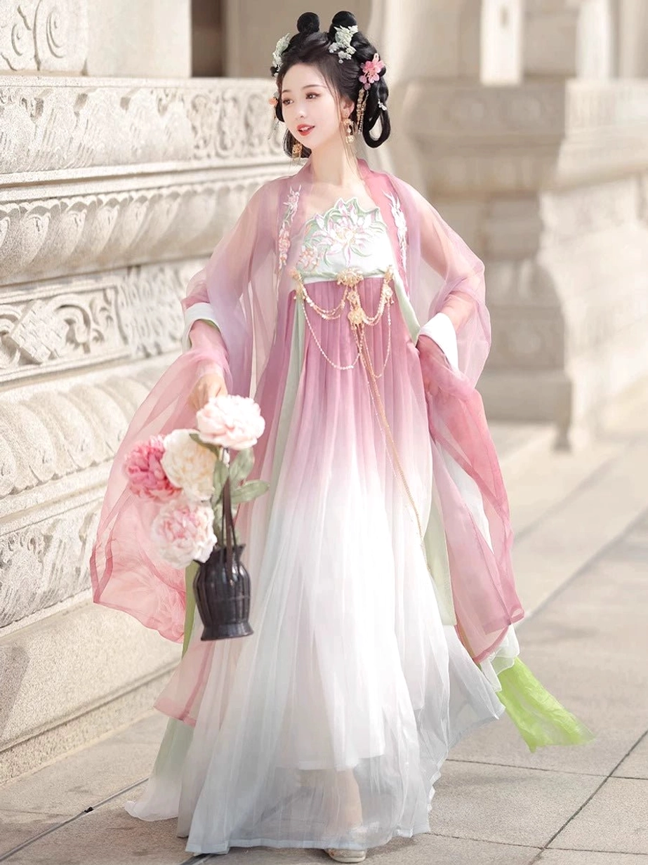 Pink and white gradient Tang Dynasty inspired Hanfu Heziqun with embroidered bodice, green decorative shawl and full length flowing skirt