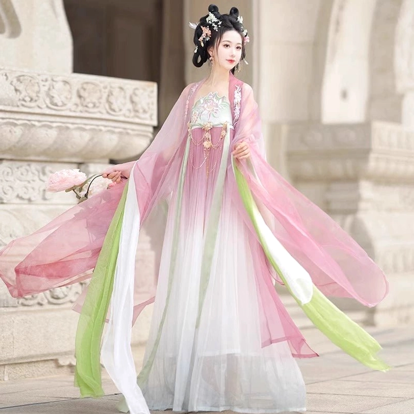 Side view of pink Tang Dynasty inspired Hanfu Heziqun complete set with translucent outer coat, gradient dress and green white pibo sash
