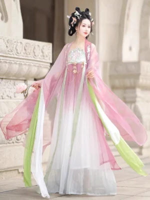 Pink Tang Dynasty Hanfu Heziqun dress set with gradient skirt, sheer wide sleeve coat, floral bodice embroidery and flowing green pibo sash