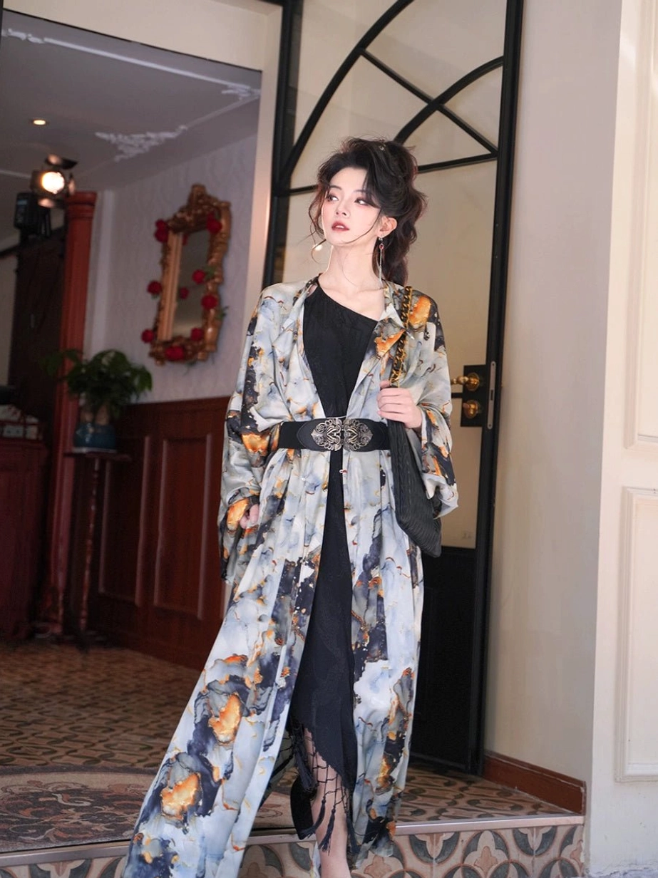 Midsummer Tang dynasty inspired ink-wash round neck Hanfu robe shown in a full-length front view with a flowing oversized silhouette