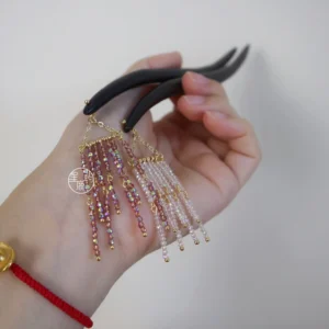 Purple red and clear white beaded tassel Chinese hair sticks with dark brown wooden pins and gold tone details