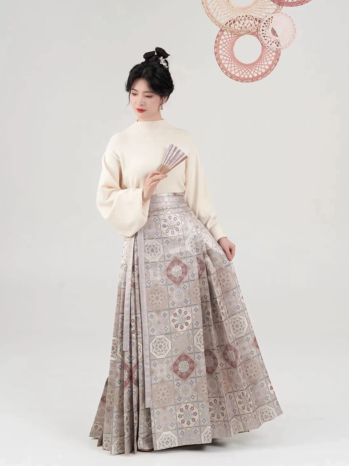Ming Dynasty inspired apricot Hanfu knit top and pleated geometric mamian skirt full outfit front view