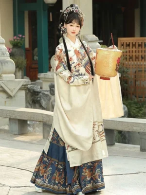 Beige Ming Dynasty wedding Hanfu set with phoenix embroidered robe and blue mamian skirt side view