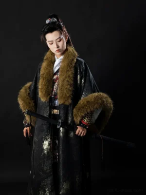 Three-quarter view of a black sprinkle gold Ming Dynasty Hanfu coat with faux fur trim, ornate waist styling, layered inner robe, and traditional Chinese sword-inspired costume styling