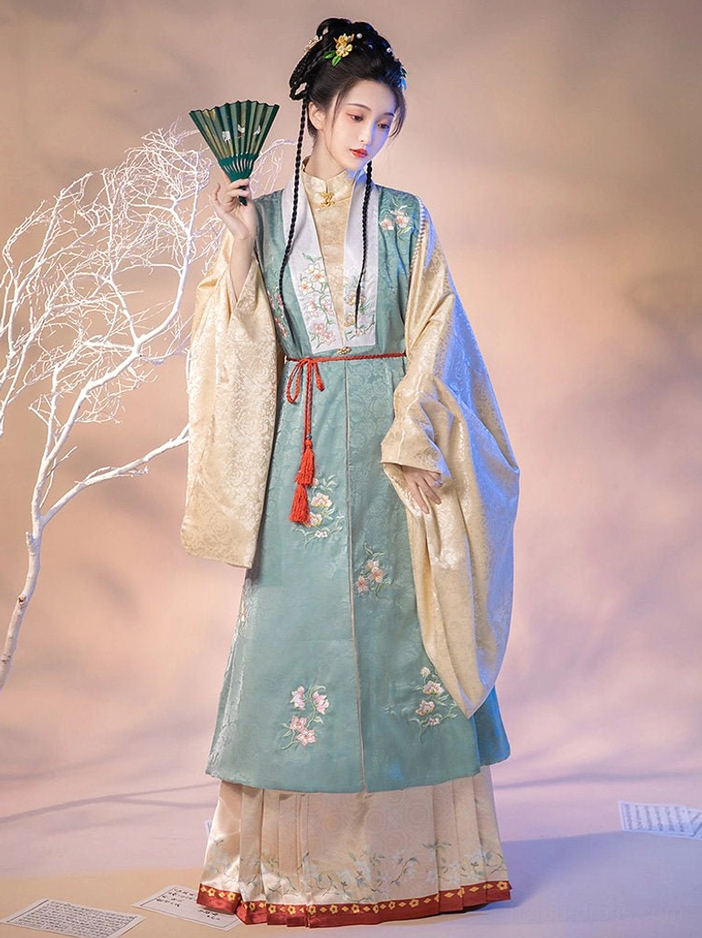Ming Dynasty Chinese hanfu clothing set with satin embroidered bijia vest layered robe and traditional mamian skirt