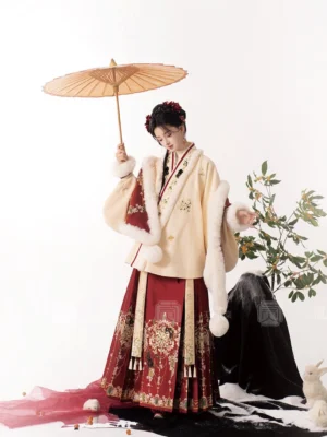 Ming Dynasty Chinese New Year Hanfu outfit with beige cross-collar top, red embroidered mamian skirt, white fur scarf, and traditional paper umbrella