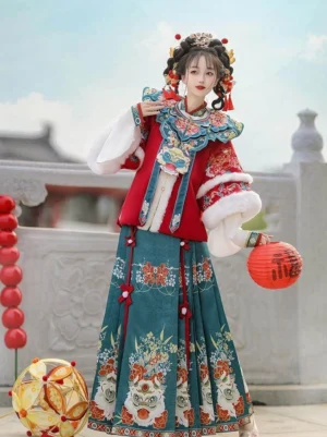 Ming Dynasty Chinese New Year Hanfu dress in red with white fluffy cuffs, embroidered cloud collar, dark teal lion dance mamian skirt, and festive traditional styling