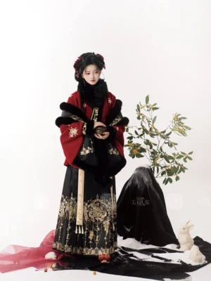 Ming Dynasty Chinese New Year Hanfu dress set with deep red cross-collar jacket, black mamian skirt, gold floral embroidery, fur trim, and traditional hair ornaments
